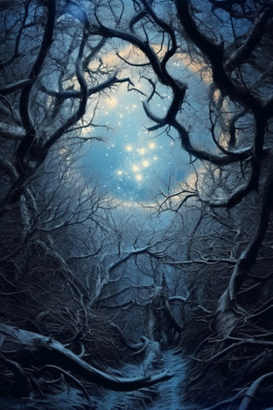 Mystical forest in winter with full moon. 3D renderingの素材