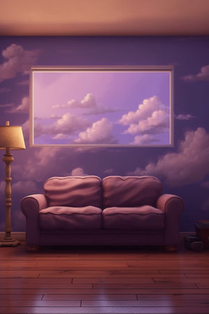 Interior of living room with purple sofa. 3d illustration.の素材