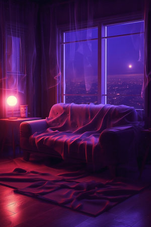 A dark room with a large window, a sofa and a blanketの素材