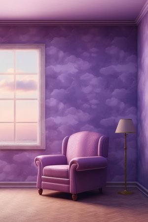 purple armchair in living room with window. 3d illustrationの素材