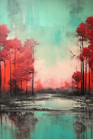 Painting of trees in the forest on grunge textured backgroundの素材