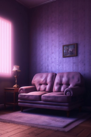 interior with sofa. 3d illustration and purple wall.の素材