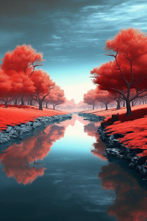 Autumn landscape with red trees and lake. 3D illustration.の素材