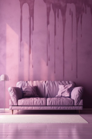 Interior of living room with purple sofa and lamp. 3d renderの素材
