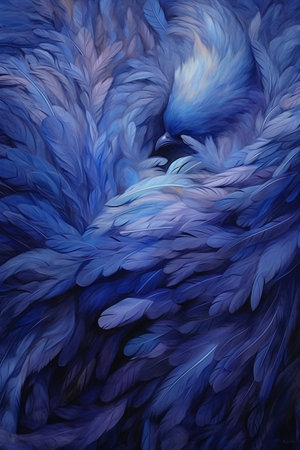 Beautiful blue feathers on a dark background. Close-up.の素材