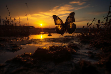 Butterfly on the lake at sunset, beautiful photo digital pictureの素材