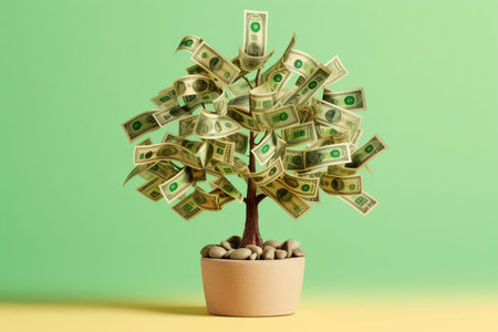 Money tree in pot on color background. Money tree growing from dollarsの素材