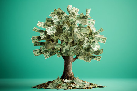 Money tree growing from a pile of dollar bills. 3d illustrationの素材