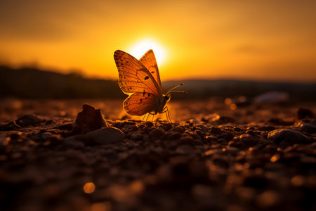 Butterfly on the ground at sunset. Beautiful butterfly in the nature.の素材