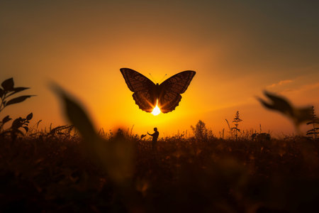 Silhouette of a butterfly in the meadow with sunset backgroundの素材