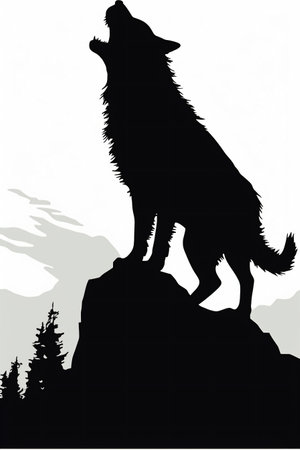 silhouette of wolf on a rock in the forest vector illustrationの素材