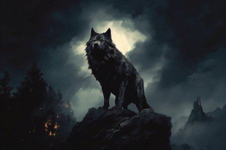 Black wolf on the rock in the dark forest. Halloween concept.の素材