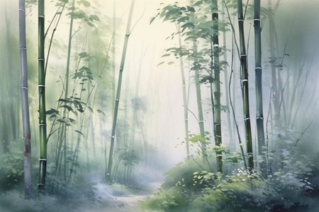 Bamboo forest in foggy morning. Beautiful natural background. Digital painting.の素材