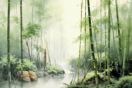 Bamboo forest in the morning mist. Beautiful natural background. Digital painting.の素材