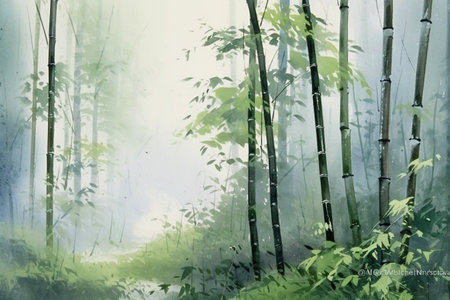 Bamboo forest in a foggy morning. Digital painting, illustration.の素材