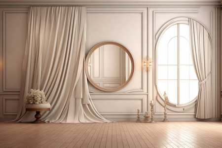 Classic interior with round mirror and curtains. 3d render illustration.の素材