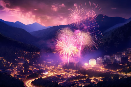 Colorful fireworks in the night sky over the city of Bergen, Norwayの素材
