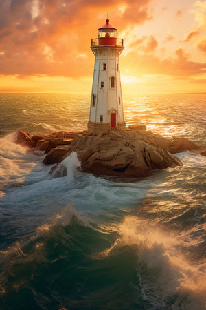 Lighthouse in the sea at sunset. Beautiful landscape with lighthouse.の素材