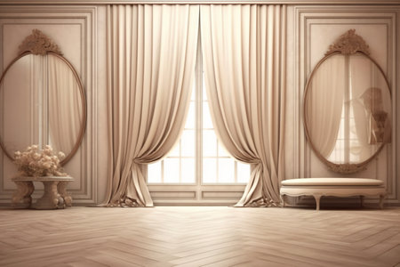Classic interior with curtains and mirror. 3d render illustration mock upの素材