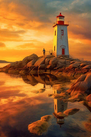 Lighthouse in the sea at sunset. Beautiful seascape.の素材