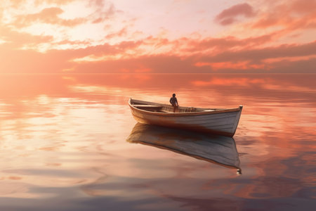 A fisherman on a boat in the middle of the sea at sunsetの素材