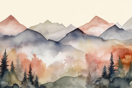 Watercolor landscape with mountains, forest and fog. Hand drawn illustrationの素材