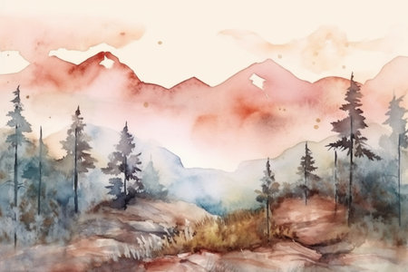 Watercolor landscape with pine trees and mountains. Hand drawn illustration.の素材