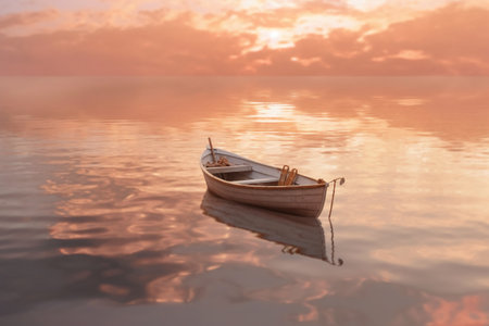 Wooden boat on the lake at sunset time. Nature composition.の素材