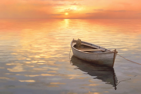 Wooden boat on the sea at sunset. Boat on the sea.の素材