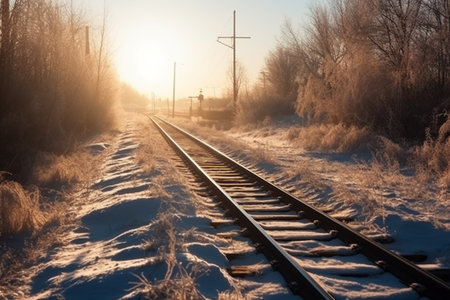 Railway tracks in the snow at sunset or sunrise. Landscape.の素材
