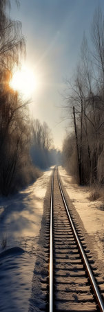 Railway tracks in the winter forest at sunset. Panorama.の素材