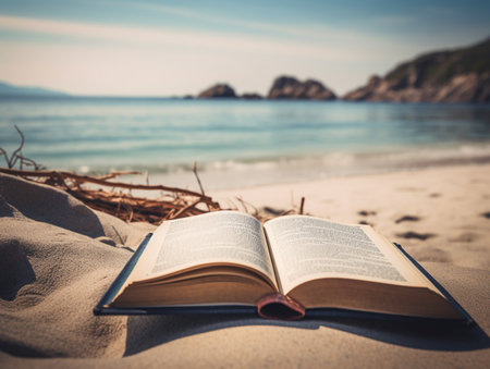 Open book on the beach with sea in the background - vintage filterの素材
