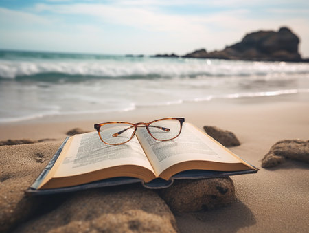 Book and eyeglasses on the sand at the beach with sea backgroundの素材