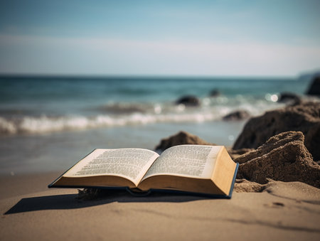 Open book on the beach with sea and rocks in the background.の素材