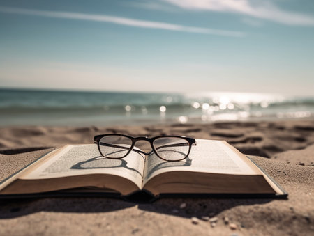Eyeglasses and book on the beach. Selective focus.の素材