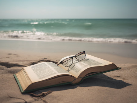 Open book and glasses on the sand on the seashore backgroundの素材