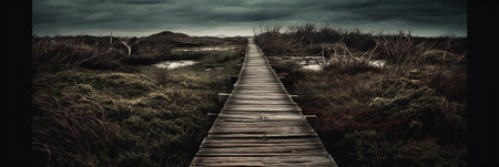 Wooden boardwalk in the swamp, panoramic view.の素材