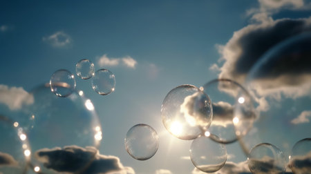 Soap bubbles fly in the sky with clouds. 3d renderingの素材