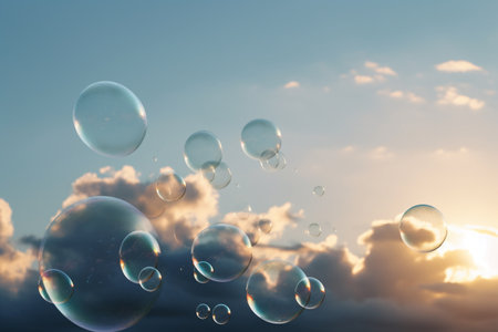 Soap bubbles fly in the sky at sunset. 3d renderingの素材