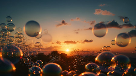Soap bubbles on sunset background. Soap bubbles on sunset background.の素材