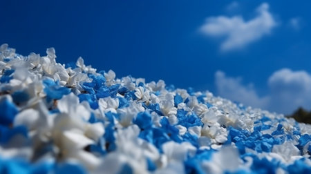 Blue and white flower petals on a blue sky background with cloudsの素材