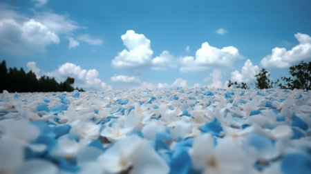 White and blue petals of hydrangea on a background of blue skyの素材
