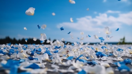 White and blue flower petals fly in the blue sky as a background.の素材