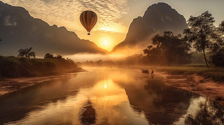 Hot air balloon over the river at sunrise with beautiful landscape in the backgroundの素材