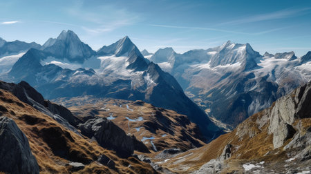 Panoramic view of the snow-capped peaks of the Alpsの素材
