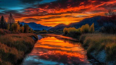 Sunset over a river in New Zealand alps with reflection in waterの素材