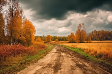 Dirt road in the autumn field and cloudy sky. Nature composition.の素材