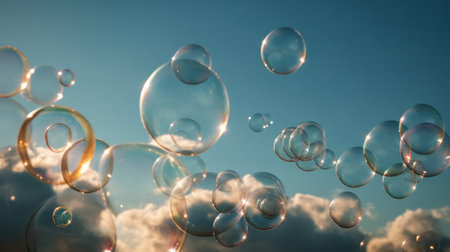 Beautiful soap bubbles on blue sky background. Soap bubbles.の素材