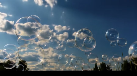 Soap bubbles on a background of blue sky with white clouds.の素材