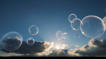 Soap bubbles flying in the sky. 3d render illustration.の素材